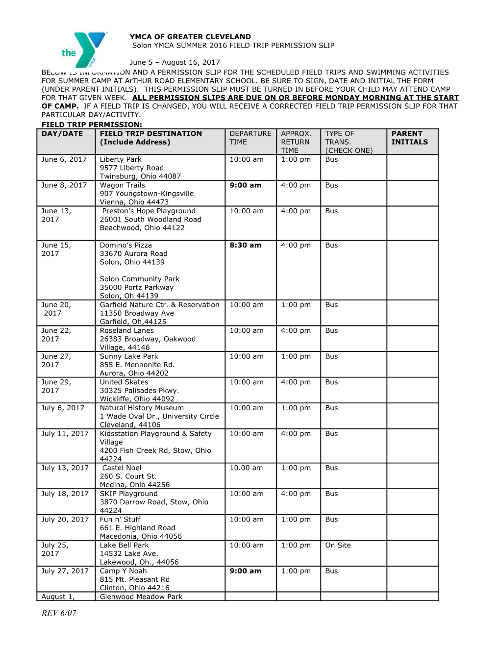 Solon YMCA SUMMER 2016 FIELD TRIP PERMISSION SLIP