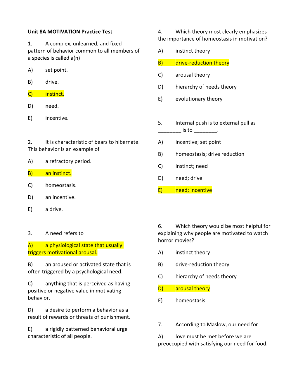 Unit 8A MOTIVATION Practice Test