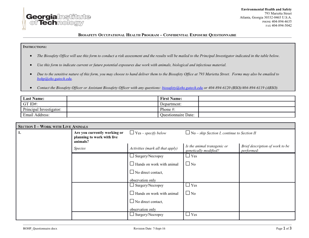 Biosafety Occupational Health Program Confidential Exposure Questionnaire