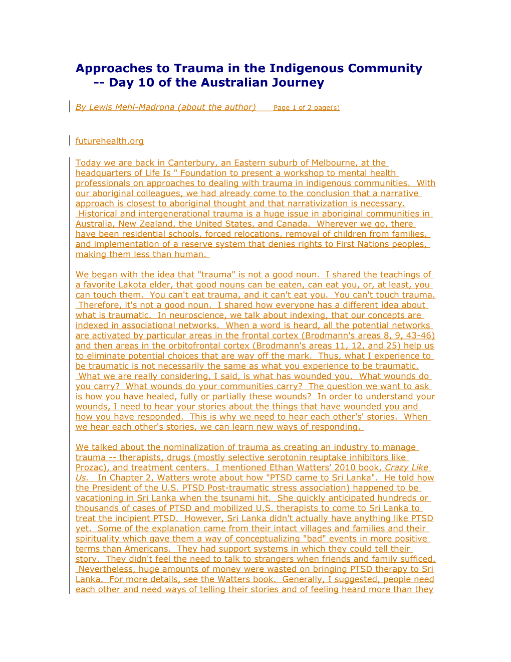 Approaches to Trauma in the Indigenous Community Day 10 of the Australian Journey