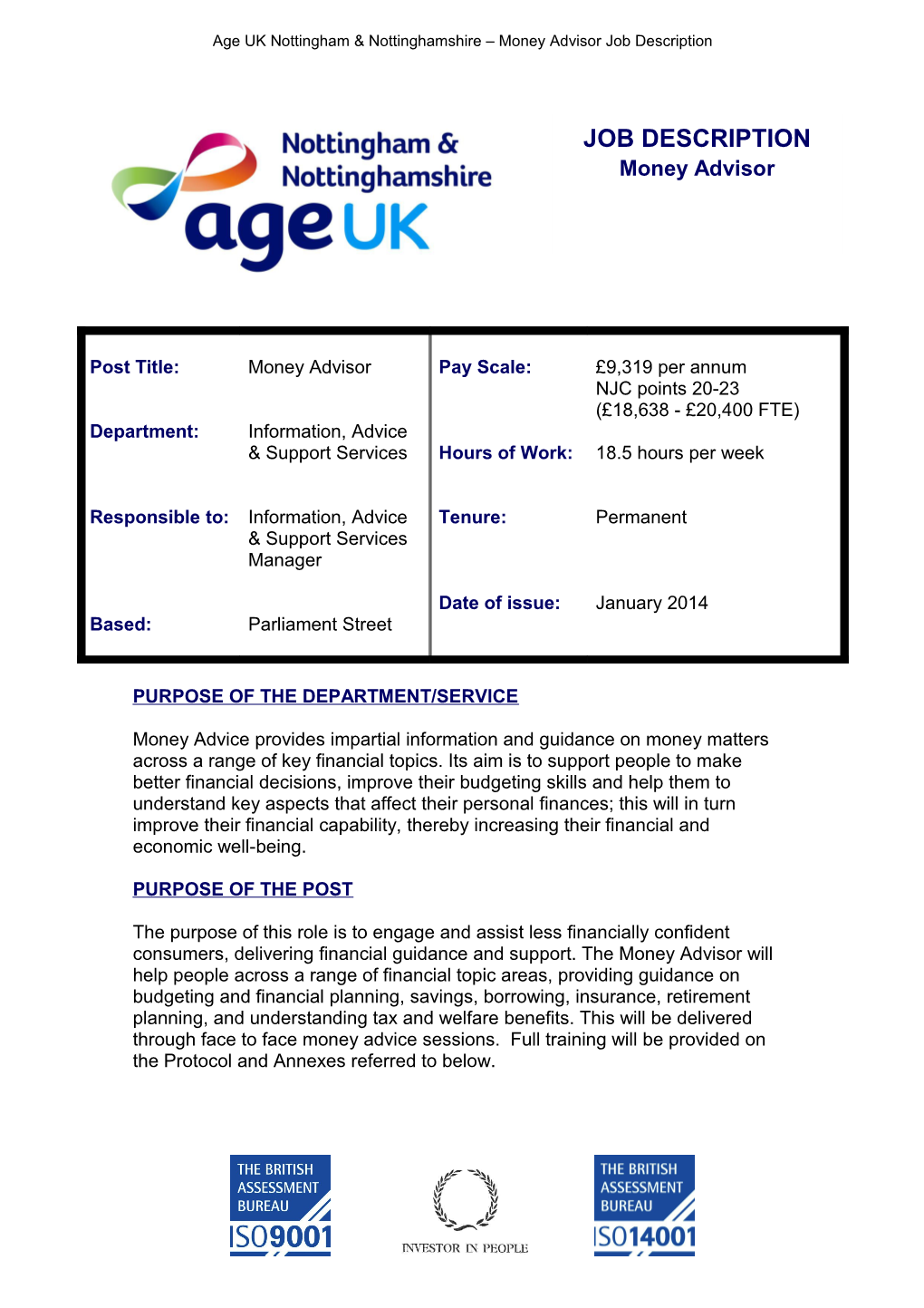 Age UK Nottingham Nottinghamshire Money Advisor Job Description