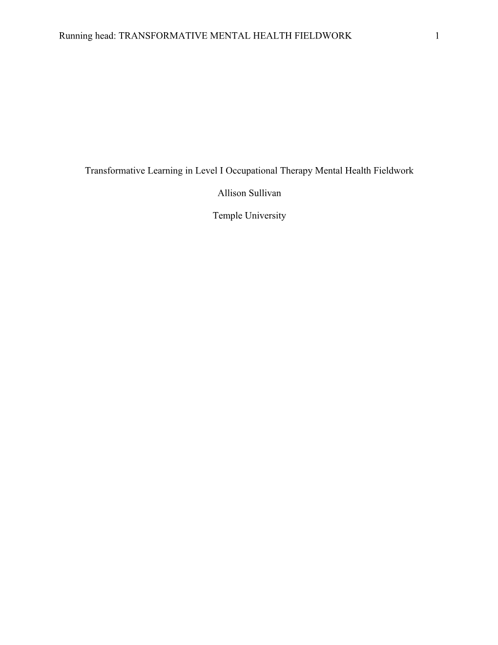 Transformative Learning in Level I Occupational Therapy Mental Health Fieldwork