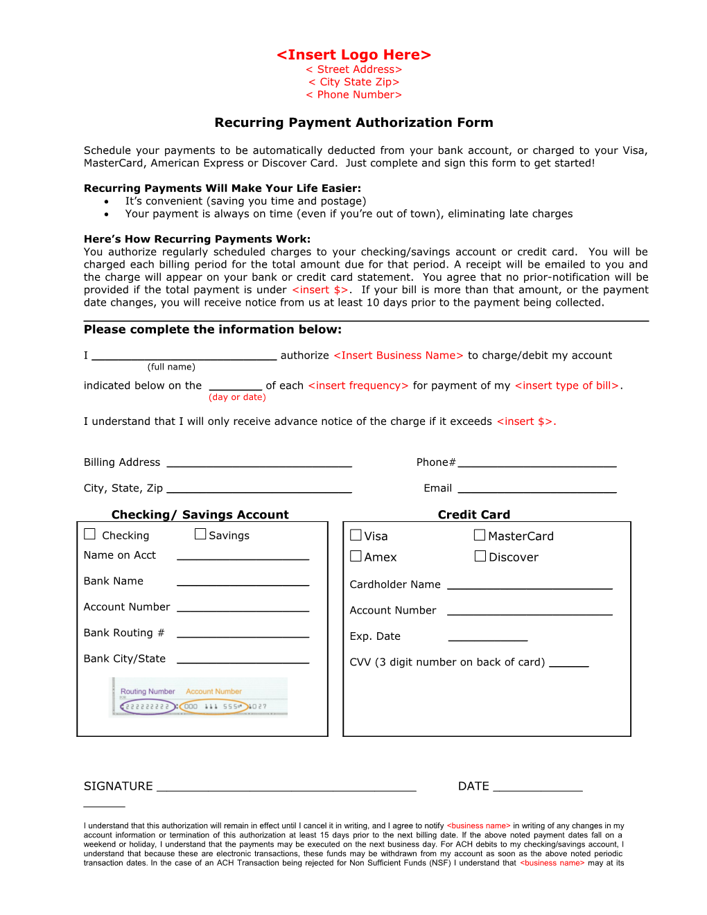 Recurring Payment Authorization Form Variable Amount ACH Or CC Payment