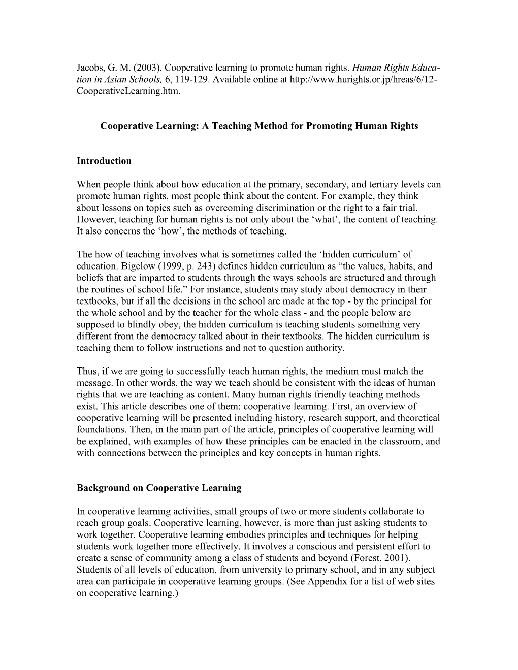 Cooperative Learning: a Teaching Method for Promoting Human Rights