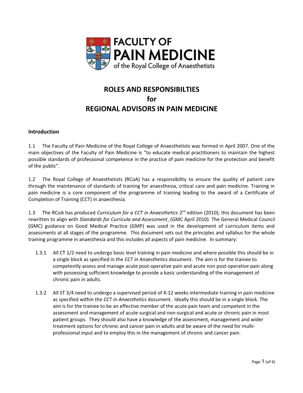 Regional Advisors in Pain Medicine