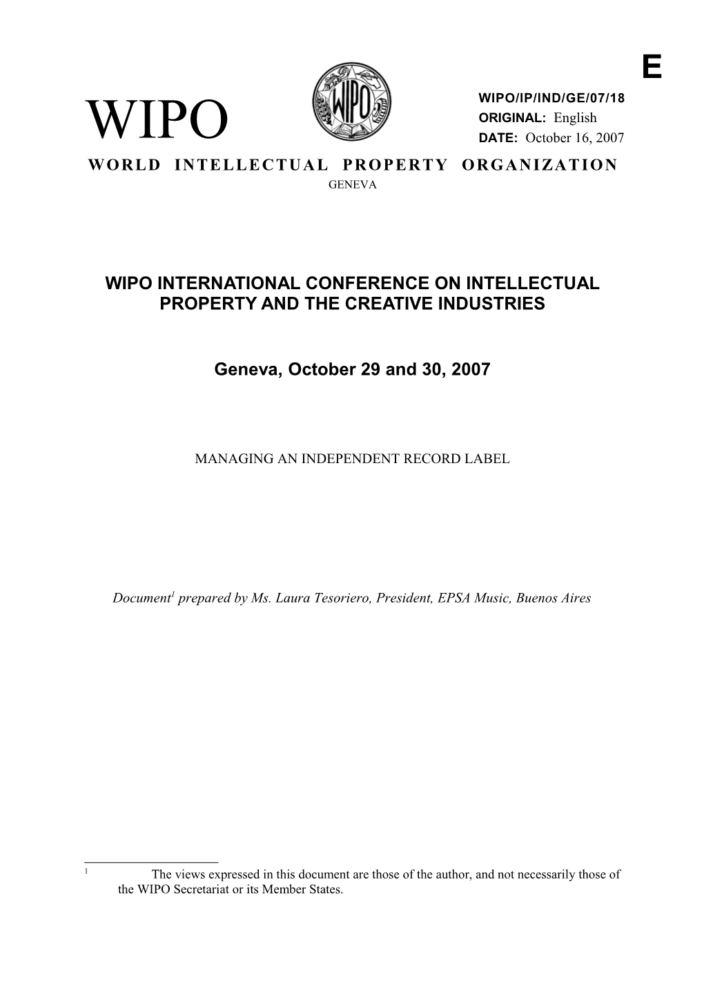 WIPO/IP/IND/GE/07/18: Managing an Independent Record Label