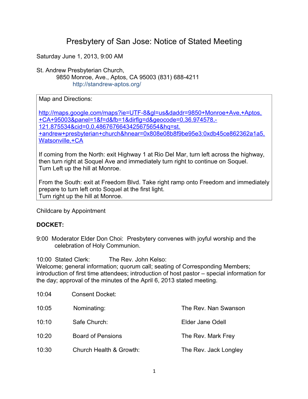 Presbytery of San Jose: Notice of Stated Meeting