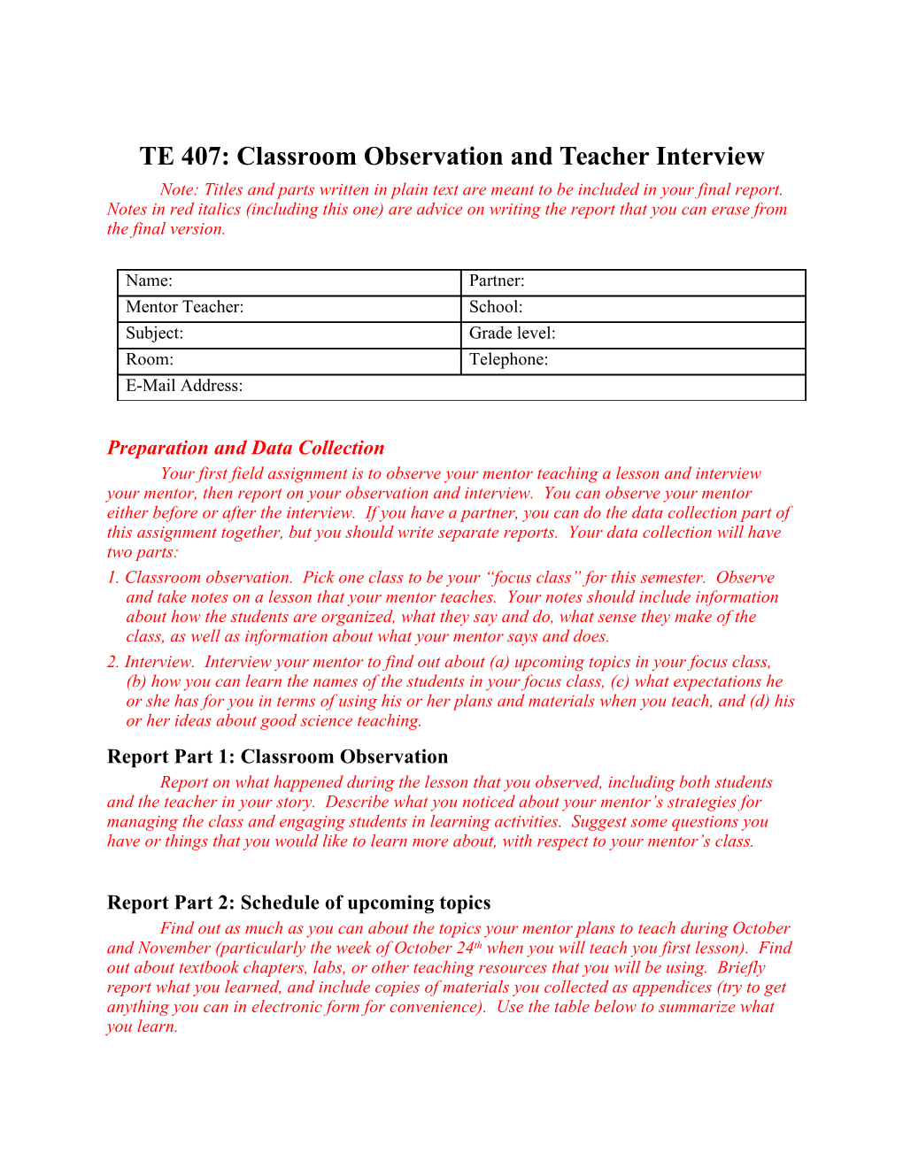 TE 407: Classroom Observation and Teacher Interview