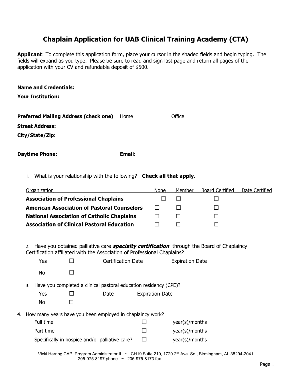 Chaplain Application for UAB Clinical Training Academy (CTA)