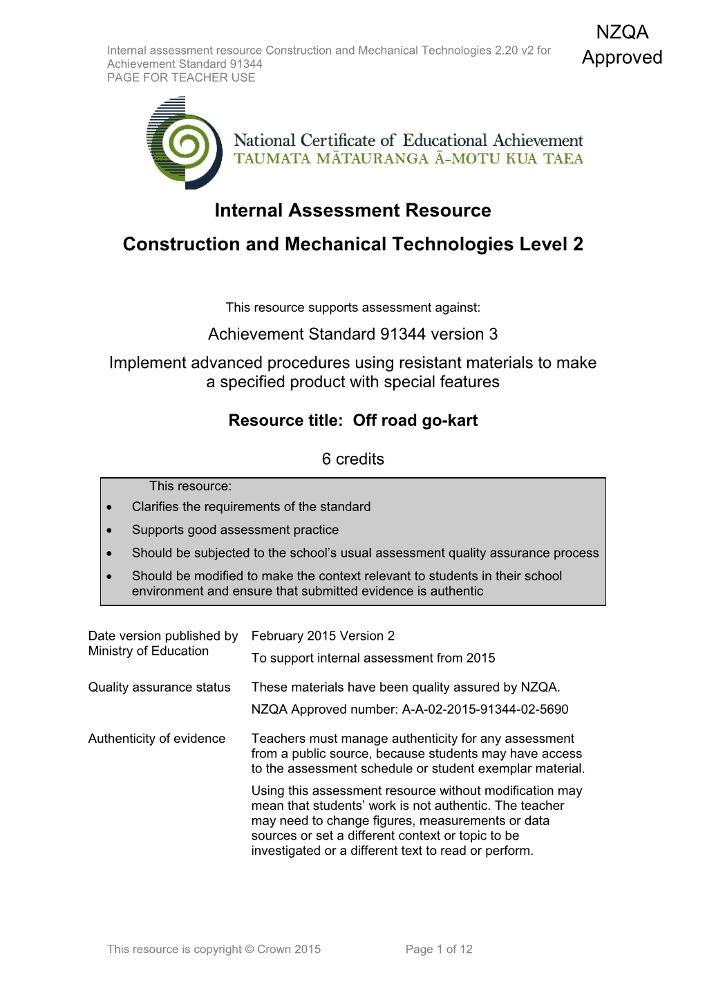 Level 2 Construction and Mechanical Technologies Internal Assessment Resource