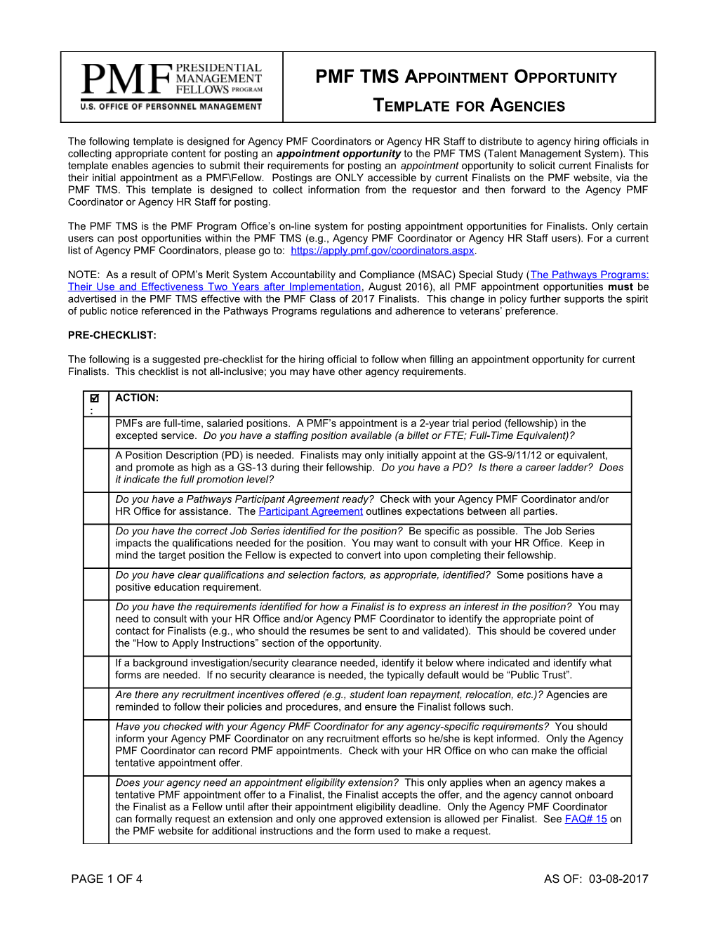 The Following Template Is Designed for Agency PMF Coordinatorsor Agency HR Staff to Distribute