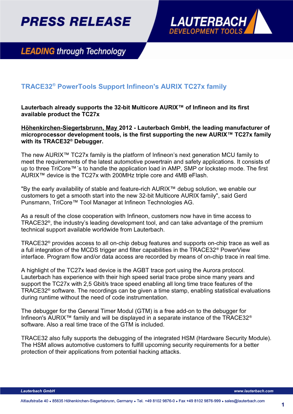 TRACE32 Powertools Support Infineon's AURIX Tc27x Family