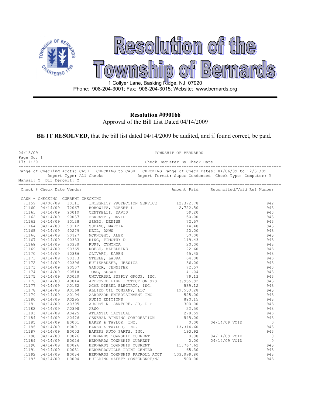 Approval of the Bill List Dated 04/14/2009