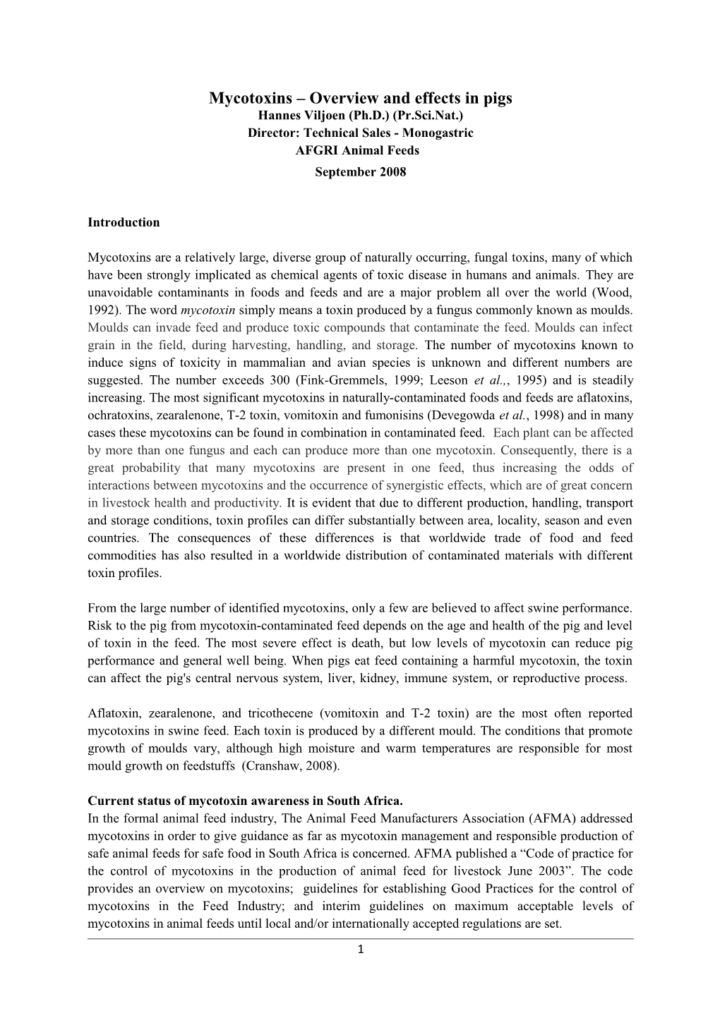 Mycotoxins Overview and Effects in Pigs