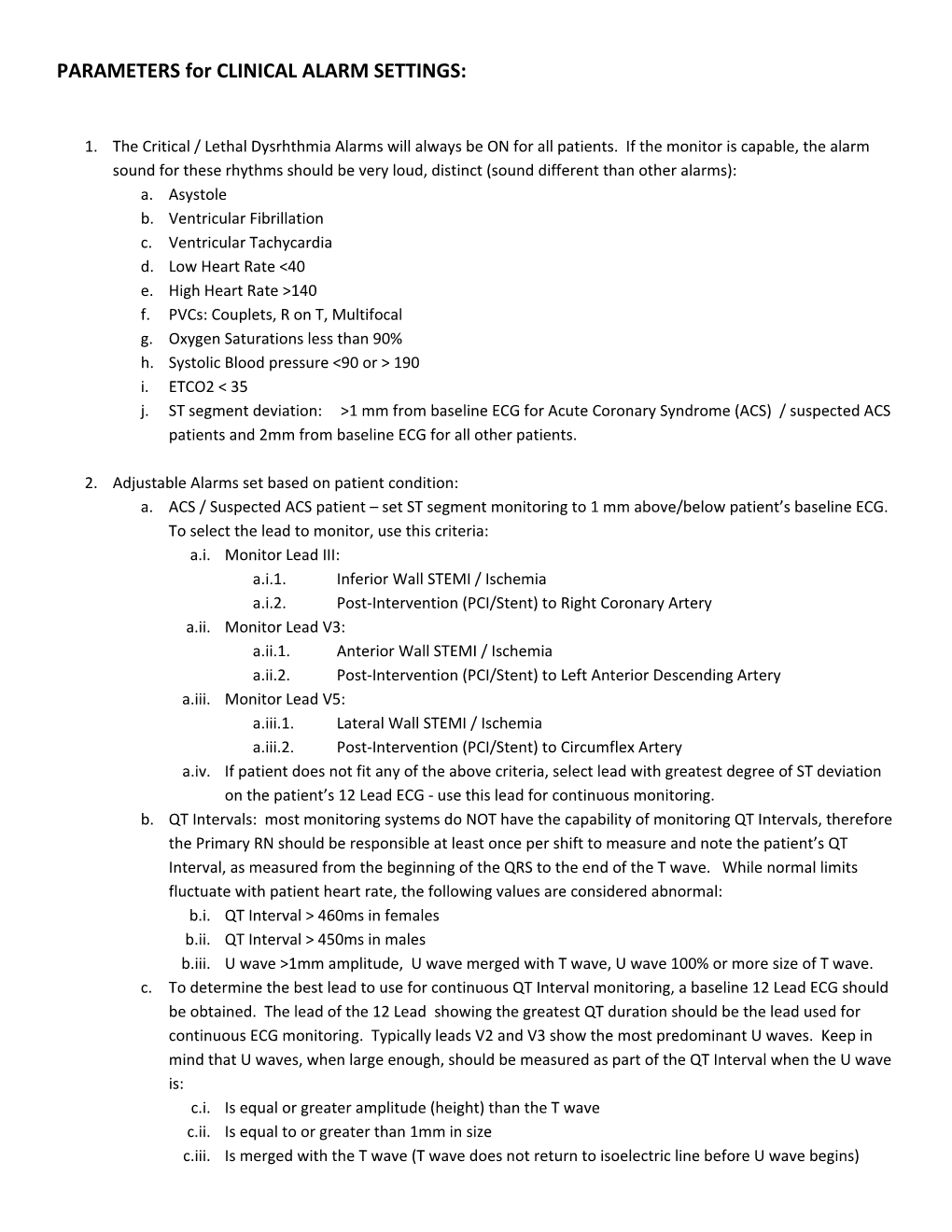 PARAMETERS for CLINICAL ALARM SETTINGS