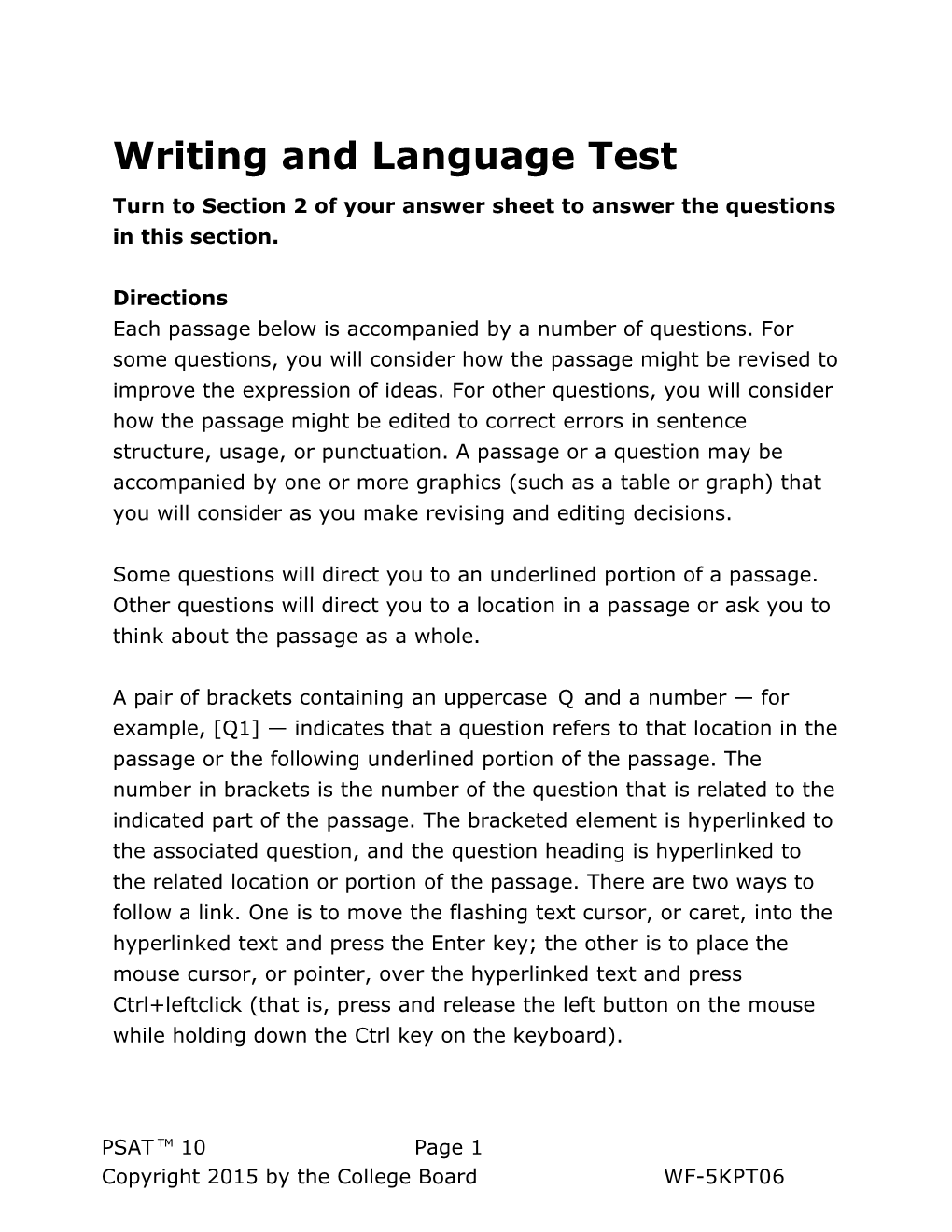 PSAT 10 Practice Test 1 for Assistive Technology Writing and Language Test SAT Suite Of