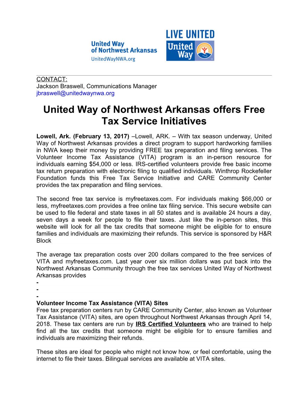 United Way of Northwest Arkansas Offers Free Tax Service Initiatives