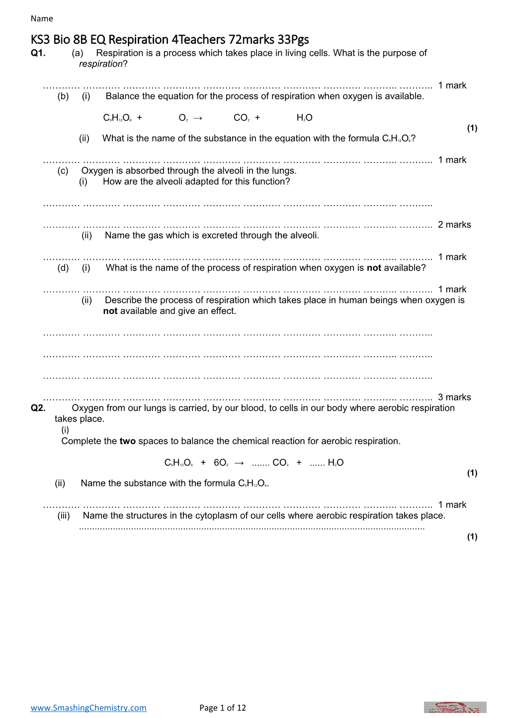 KS3 Bio 8B EQ Respiration 4Teachers 72Marks 33Pgs