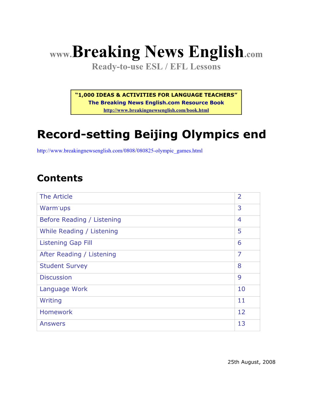 ESL Lesson: Record-Setting Beijing Olympics End