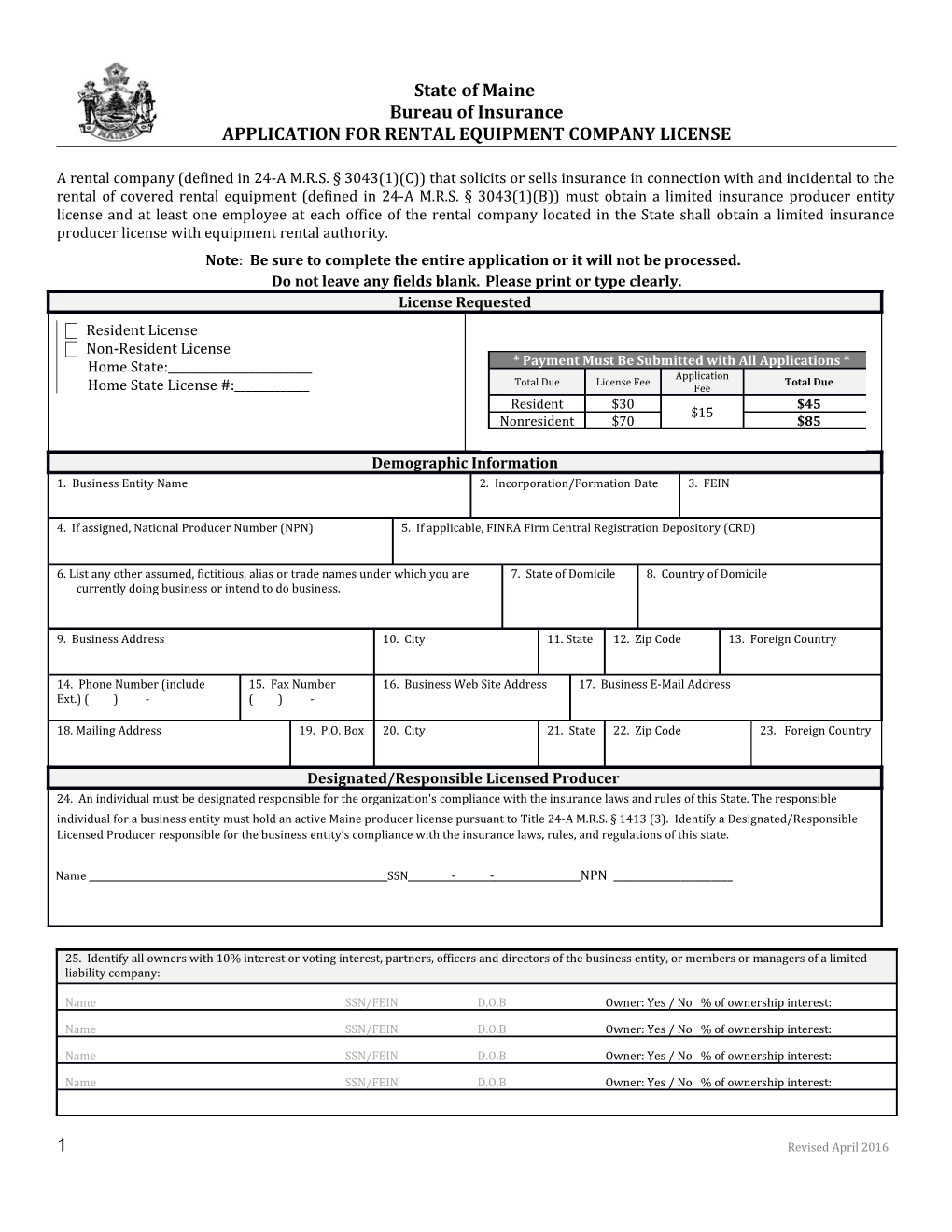 Application for Rental Equipment Company License