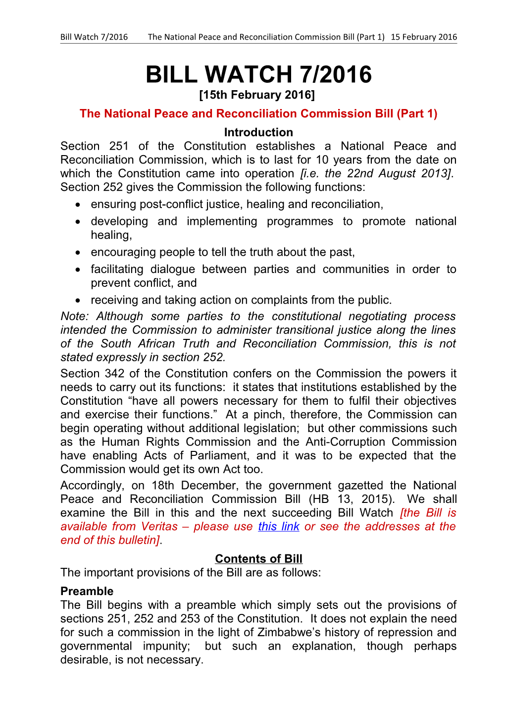 The National Peace and Reconciliation Commission Bill (Part 1)