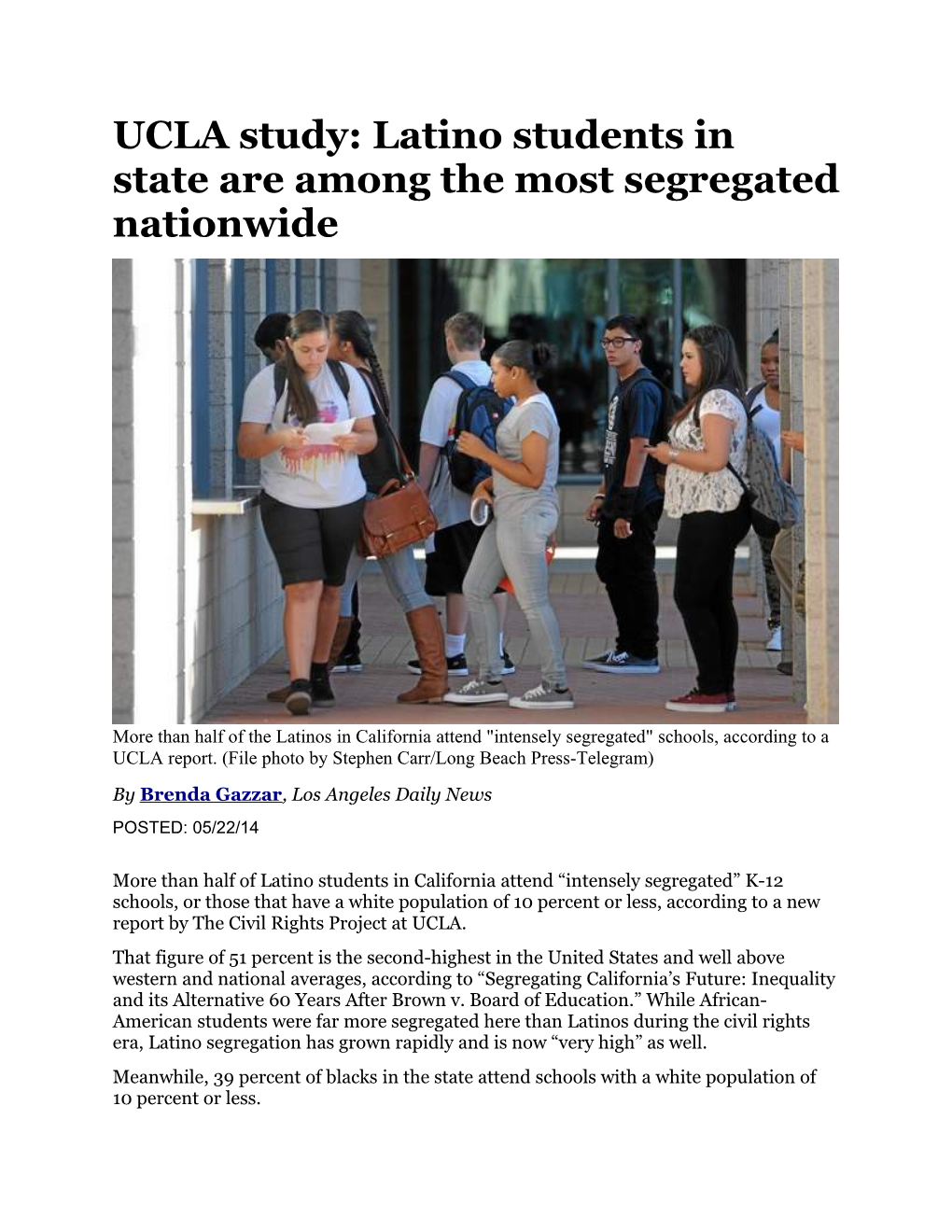UCLA Study: Latino Students in State Are Among the Most Segregated Nationwide