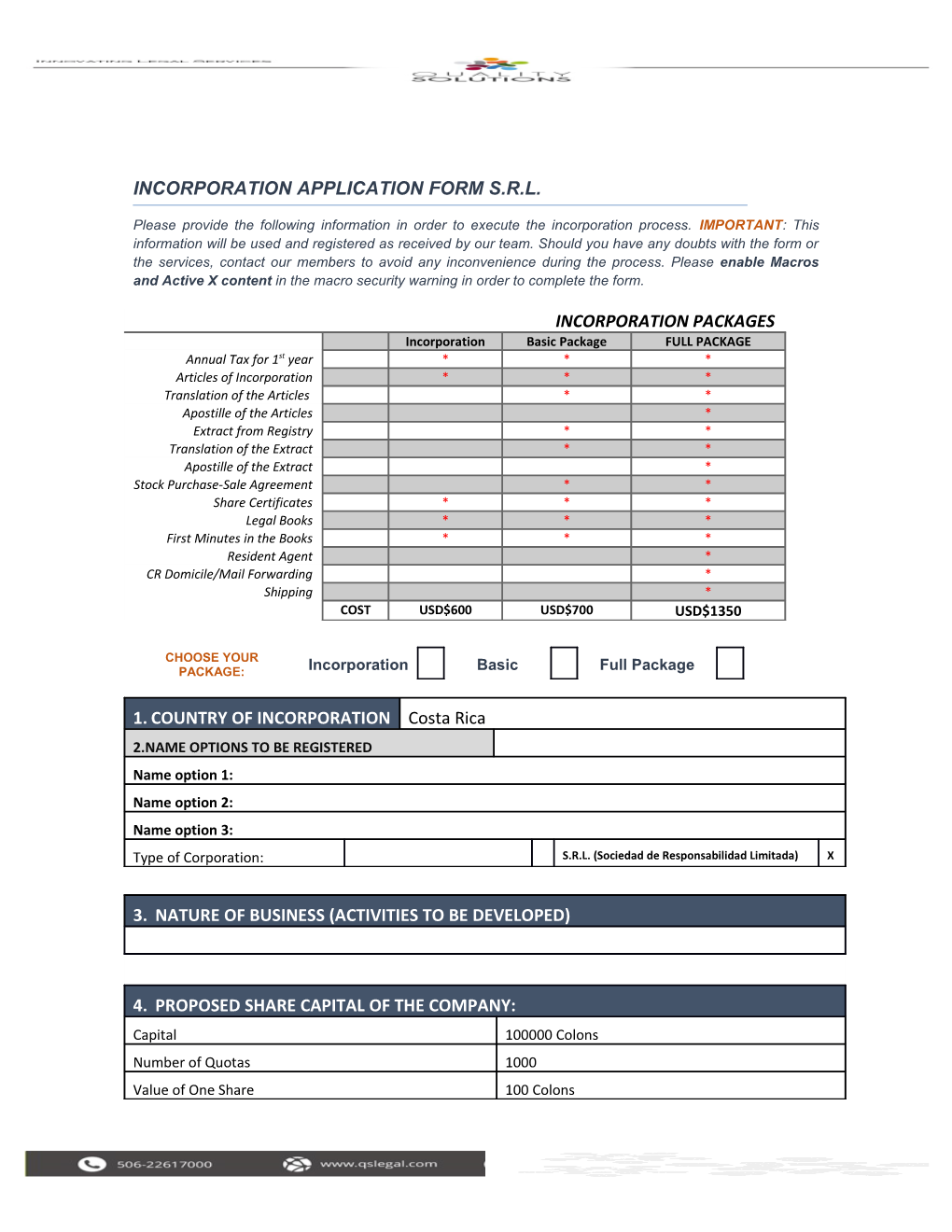 Incorporation Application Form S.R.L