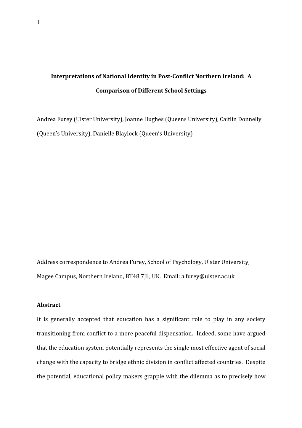 Interpretations of National Identity in Post-Conflict Northern Ireland: a Comparison Of