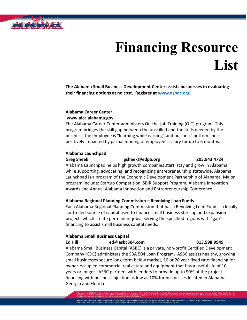 Financing Resource List