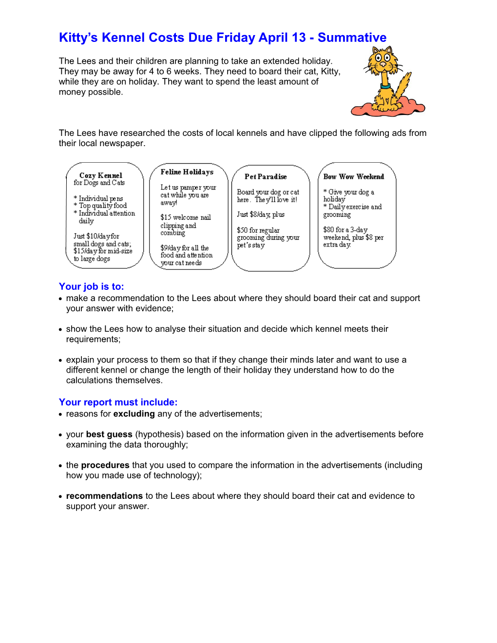 Kitty S Kennel Costs Due Friday April 13 - Summative