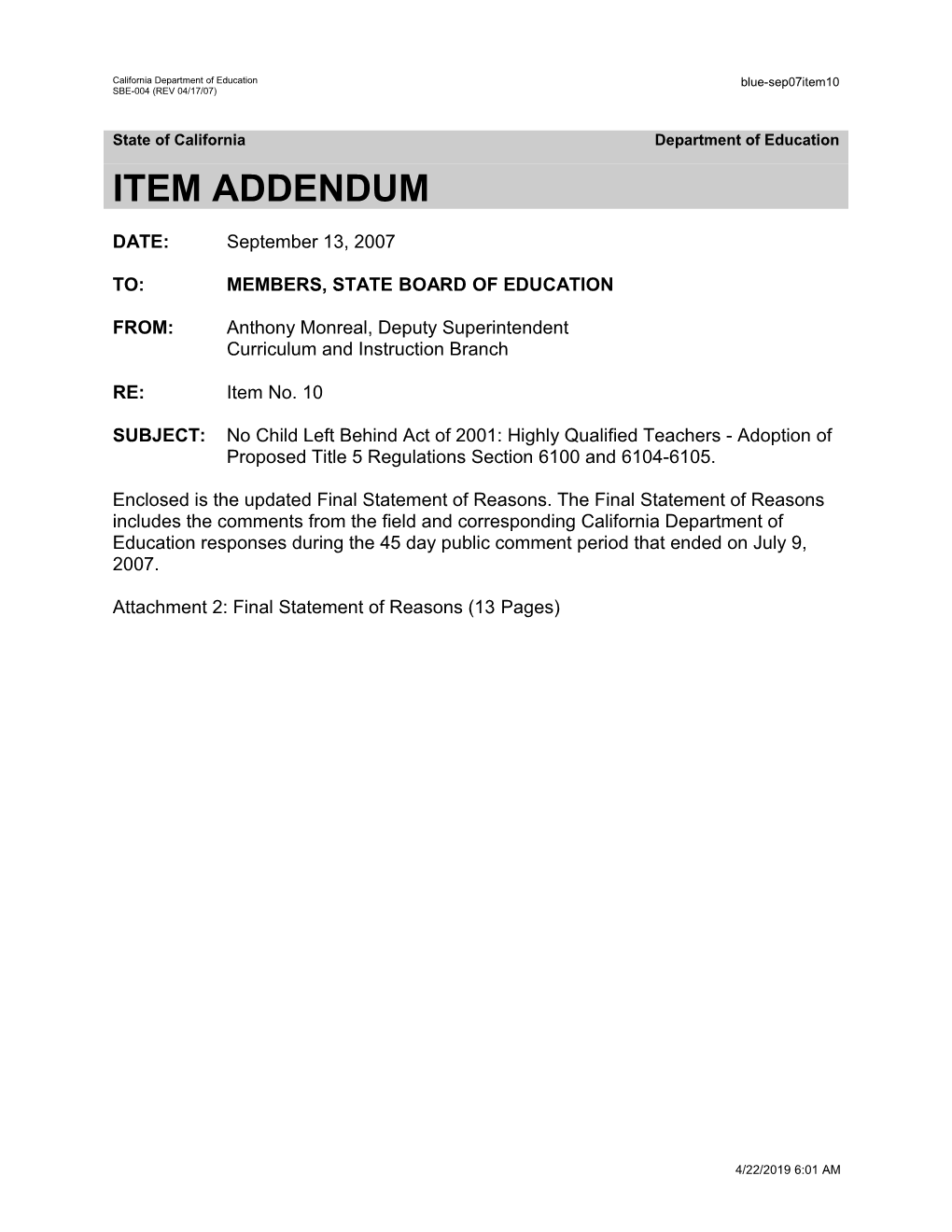 September 2007 Item 10 Addendum - Meeting Agendas (CA State Board of Education)