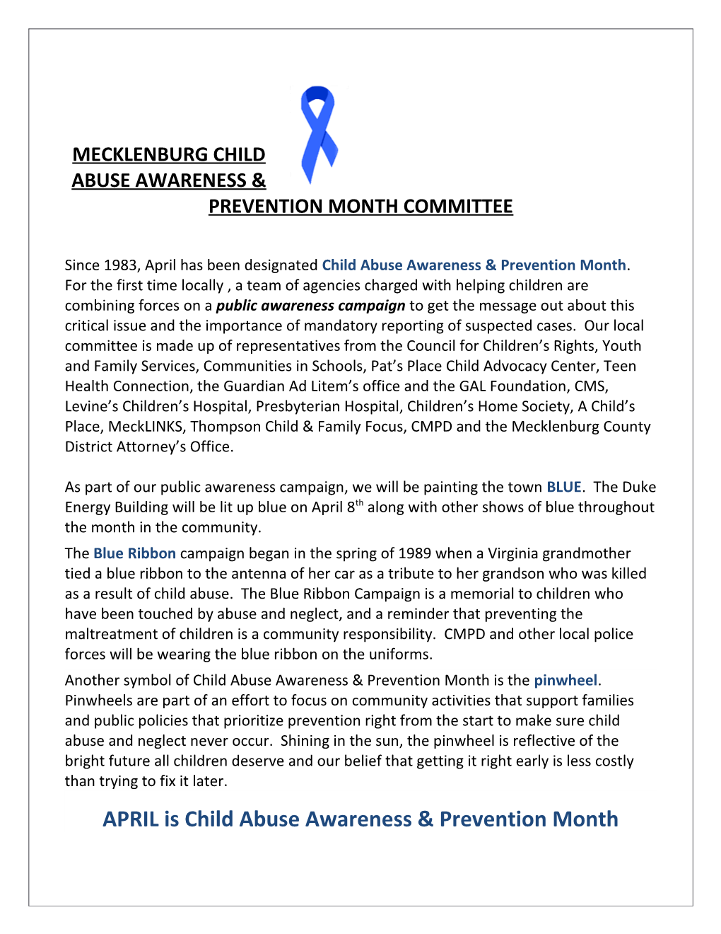 Mecklenburg Child Abuse Awareness & Prevention Month Committee