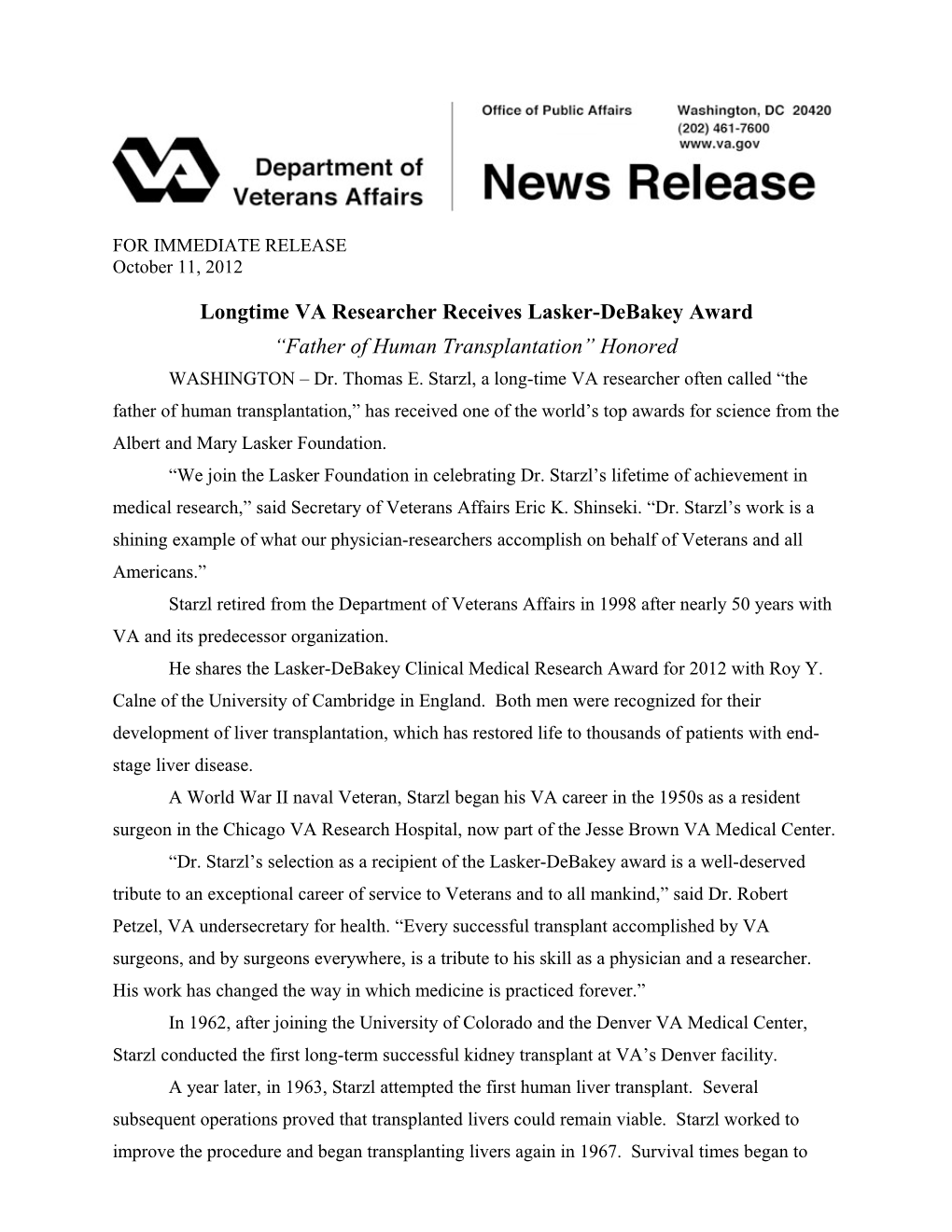 Longtime VA Researcher Receives Lasker-Debakey Award
