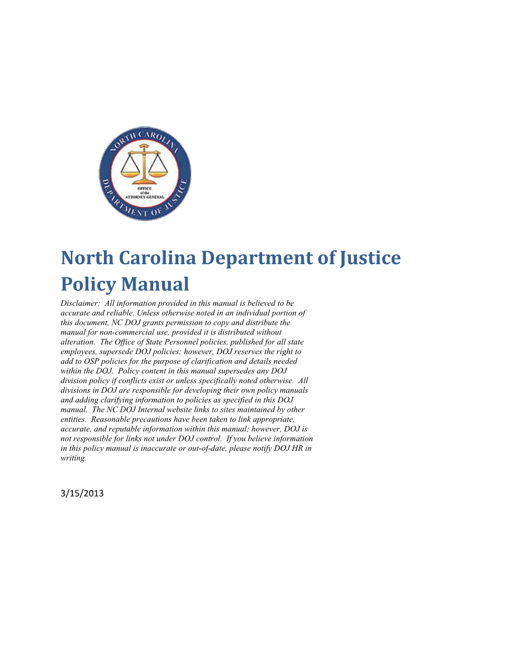 North Carolina Department of Justice Policy Manual