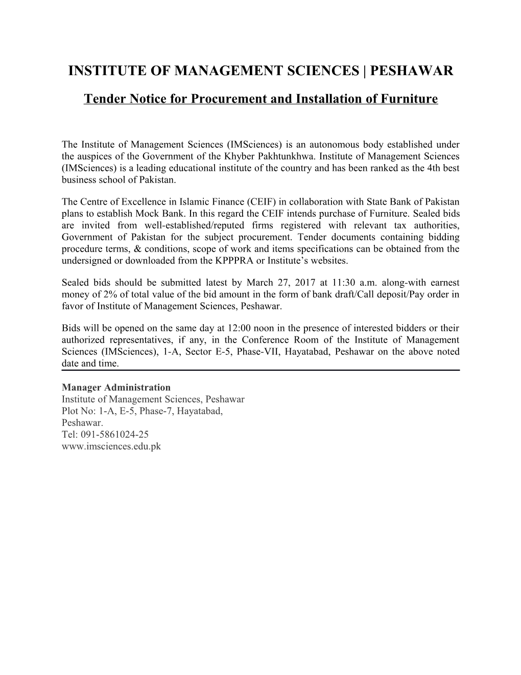 Tender Notice for Procurement and Installation of Furniture