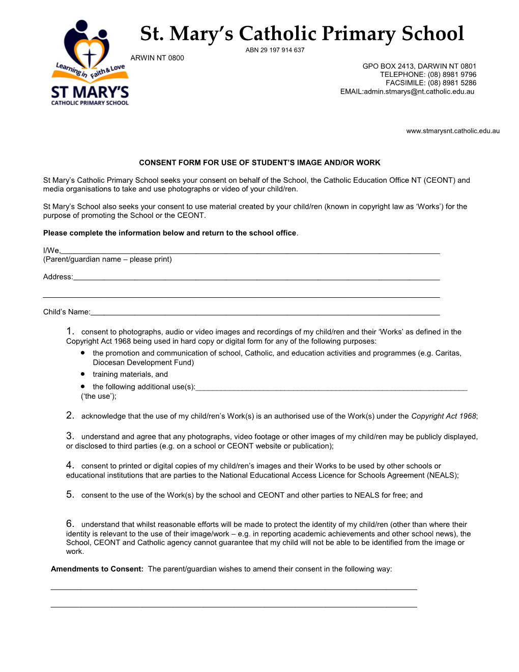 Consent Form for Use of Student S Image And/Or Work