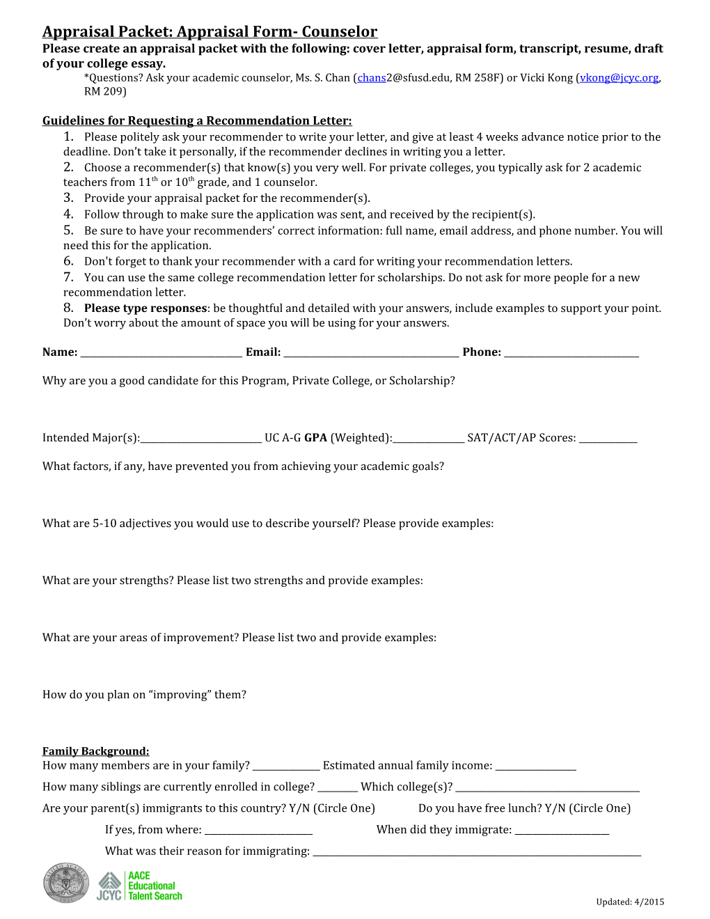 Appraisal Packet: Appraisal Form- Counselor
