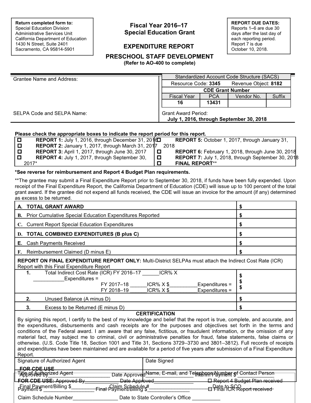 Form-16: Expenditure Report PCA 13431 PSD - Administration & Support (CA Dept of Education)