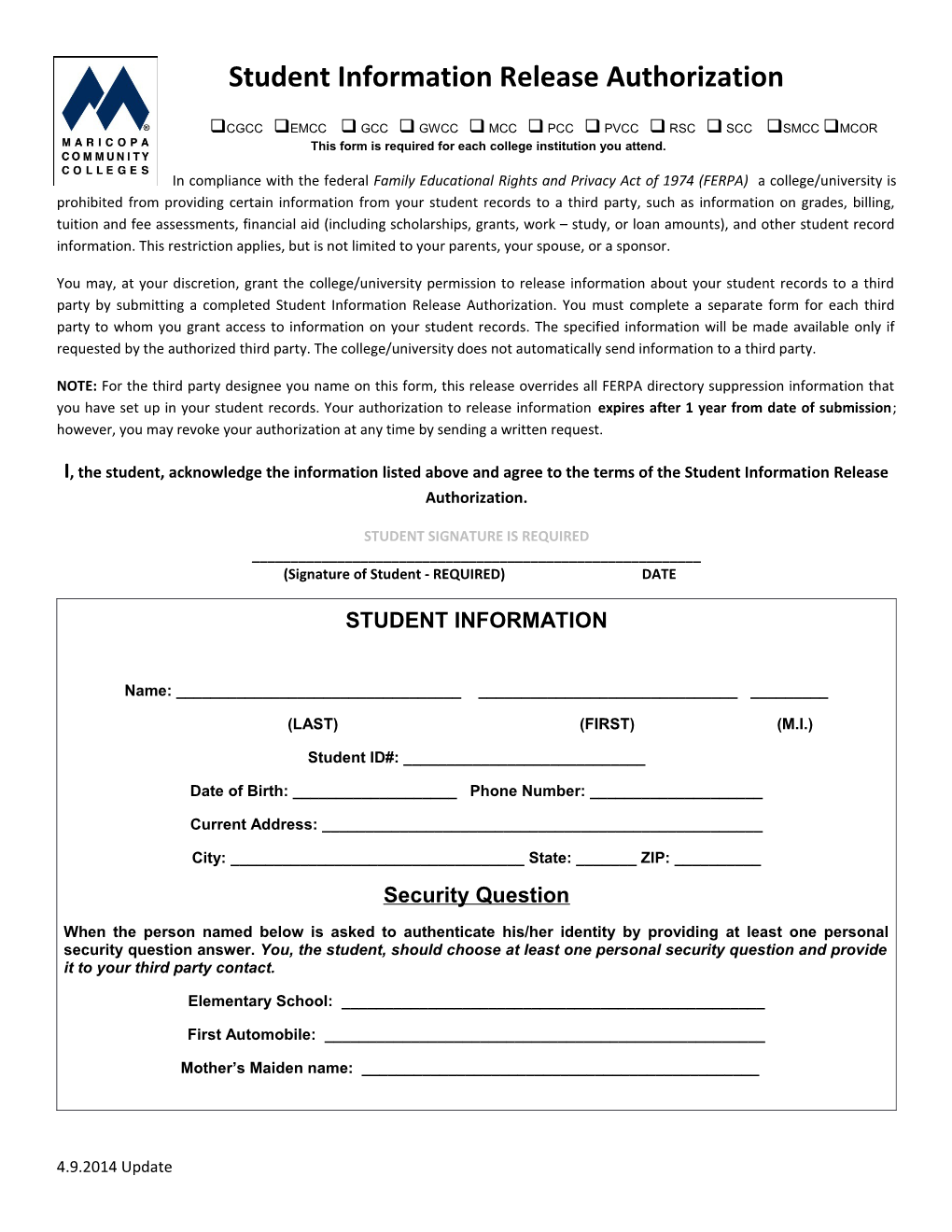 Student Information Release Authorization