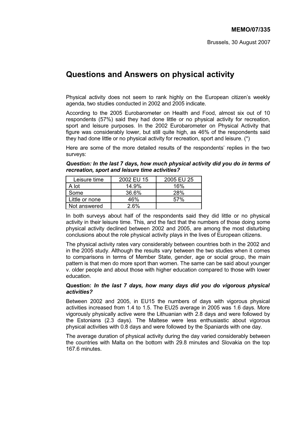 Questions and Answers on Physical Activity