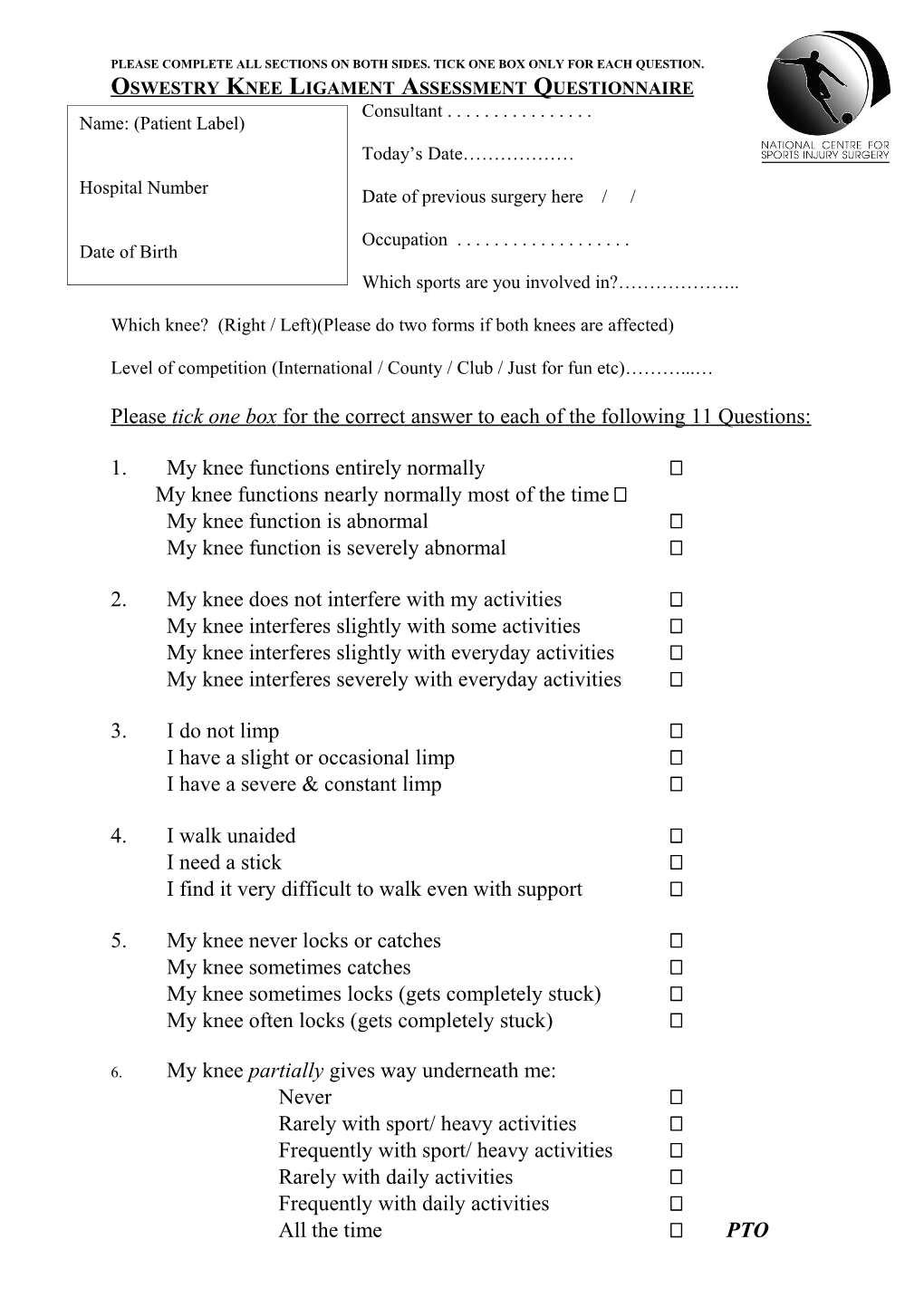 Oswestry Knee Ligament Assessment Questionnaire