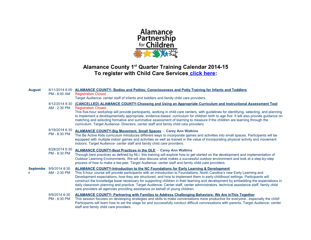 Alamance County 1St Quarter Training Calendar 2014-15