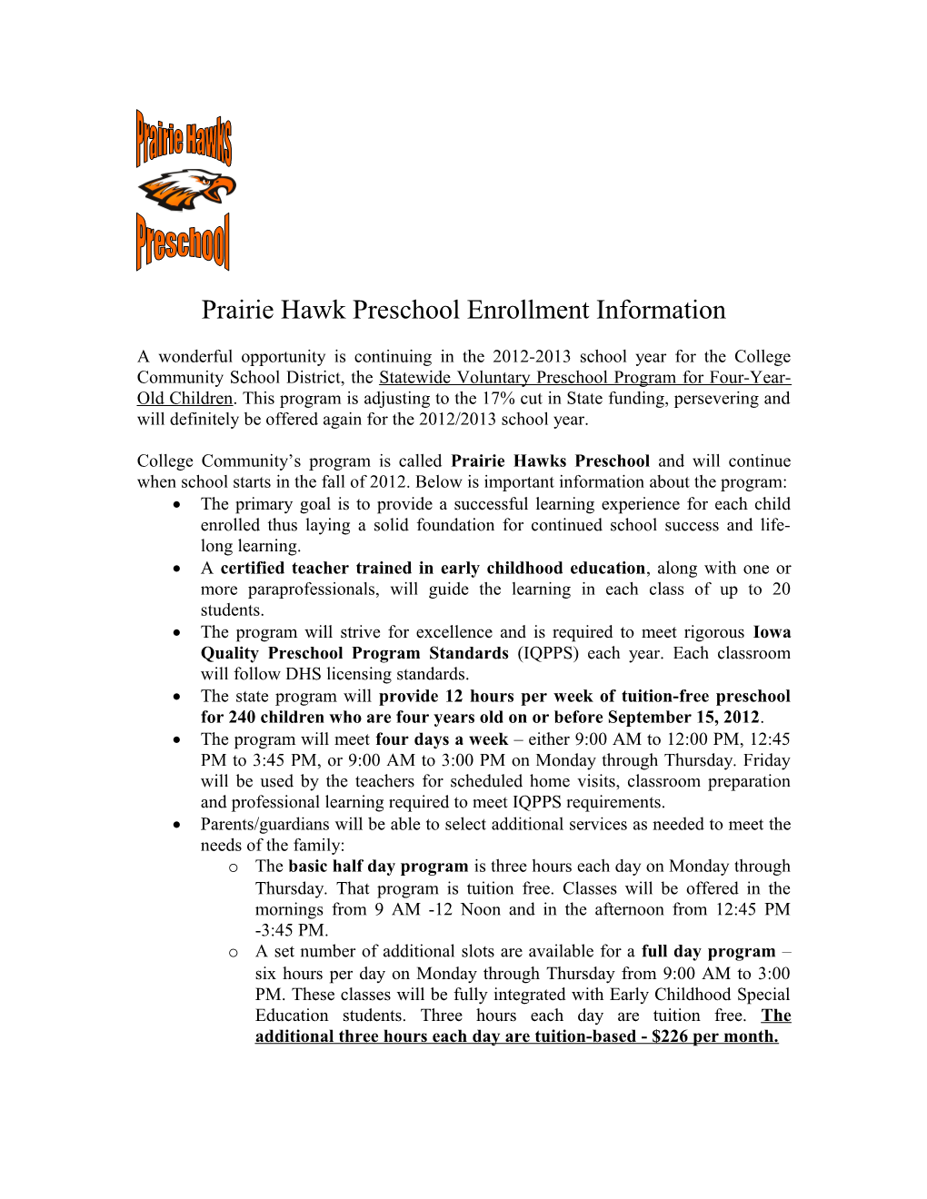 Prairie Hawk Preschool Enrollment Information