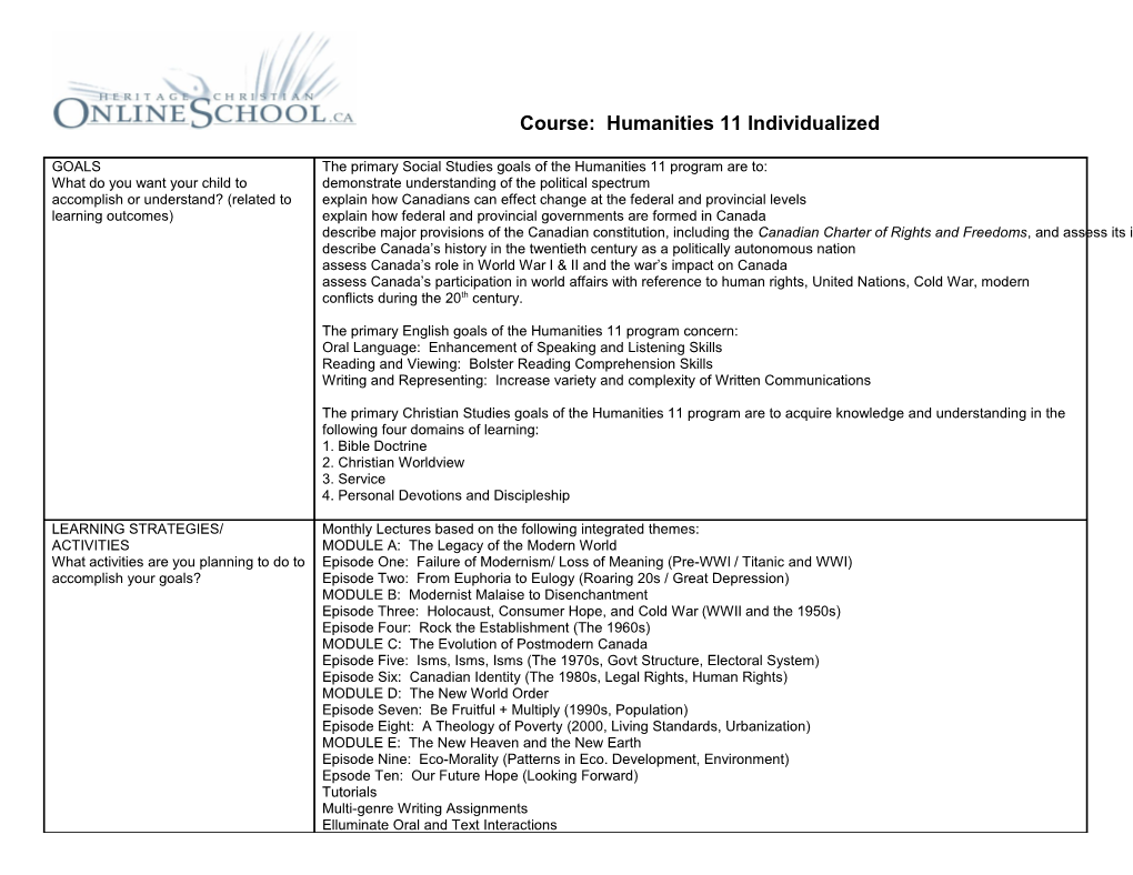 Course: Humanities 11 Individualized