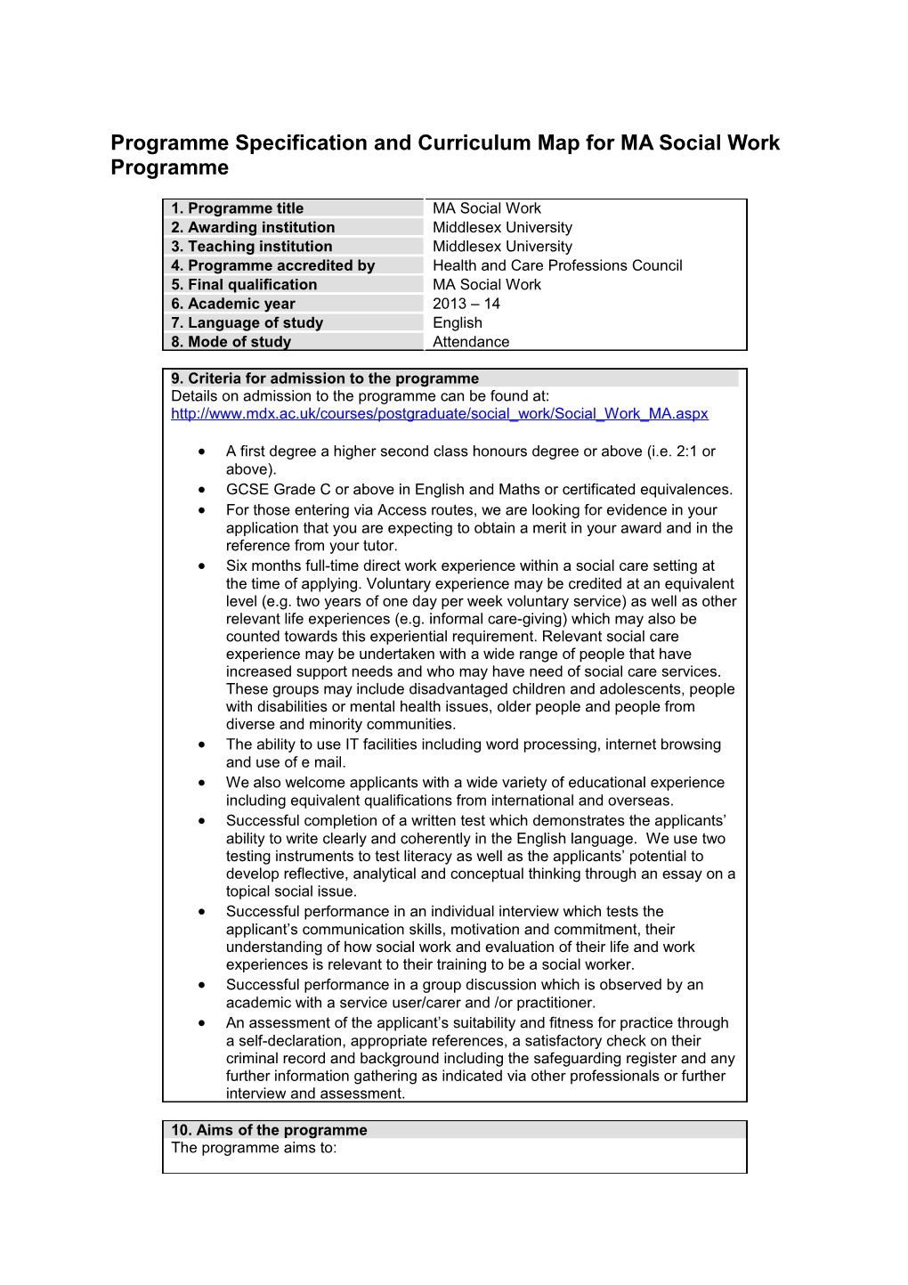 Programme Specification and Curriculum Map for MA Social Work Programme