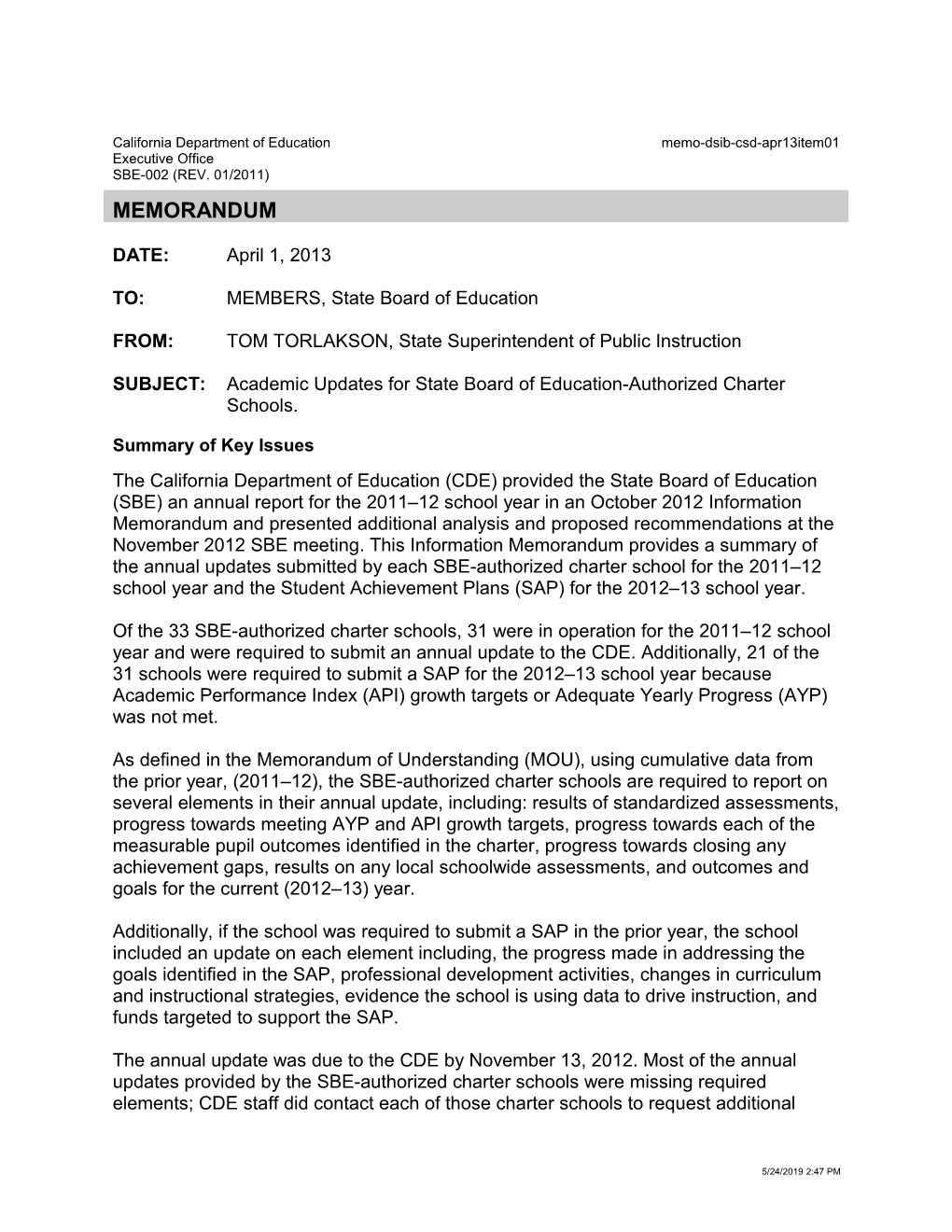 April 2013 Info Memo DSIB CSD Item 1 - Information Memorandum (CA State Board of Education)