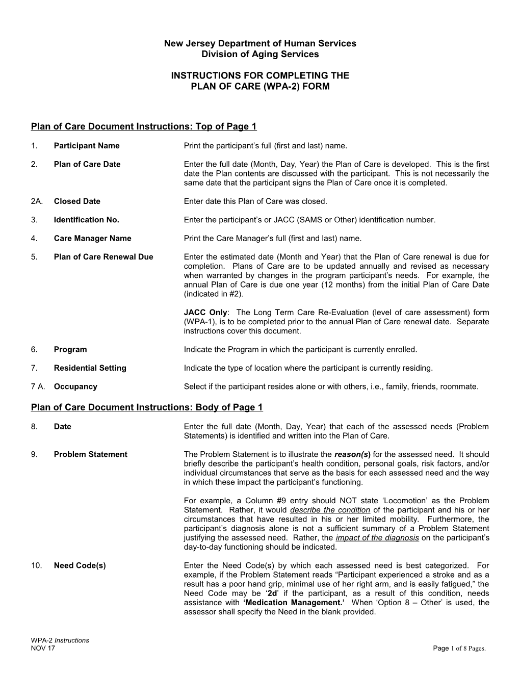 Instructions for Completing the Plan of Care (WPA-2) Form