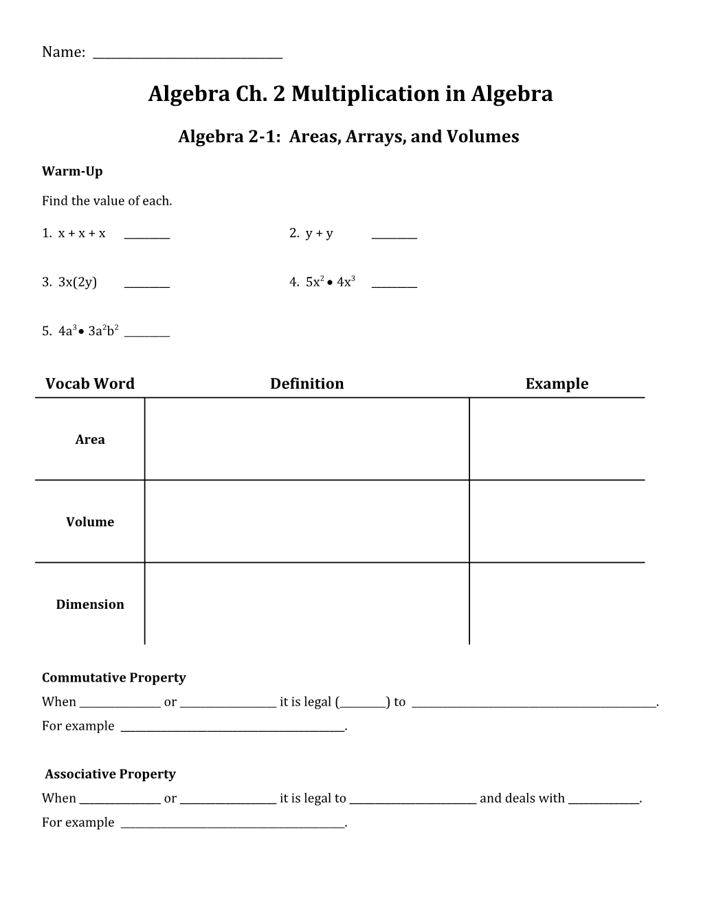 Algebra 2-1: Areas, Arrays, and Volumes