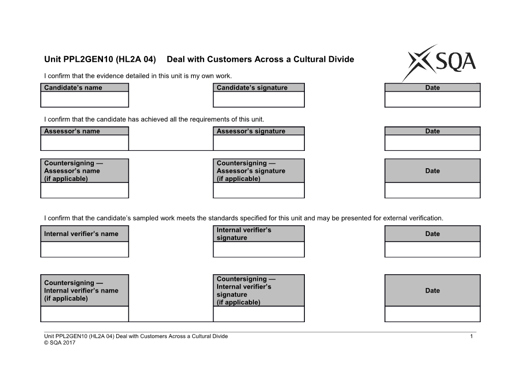 Unit PPL2GEN10 (HL2A 04)Deal with Customers Across a Cultural Divide