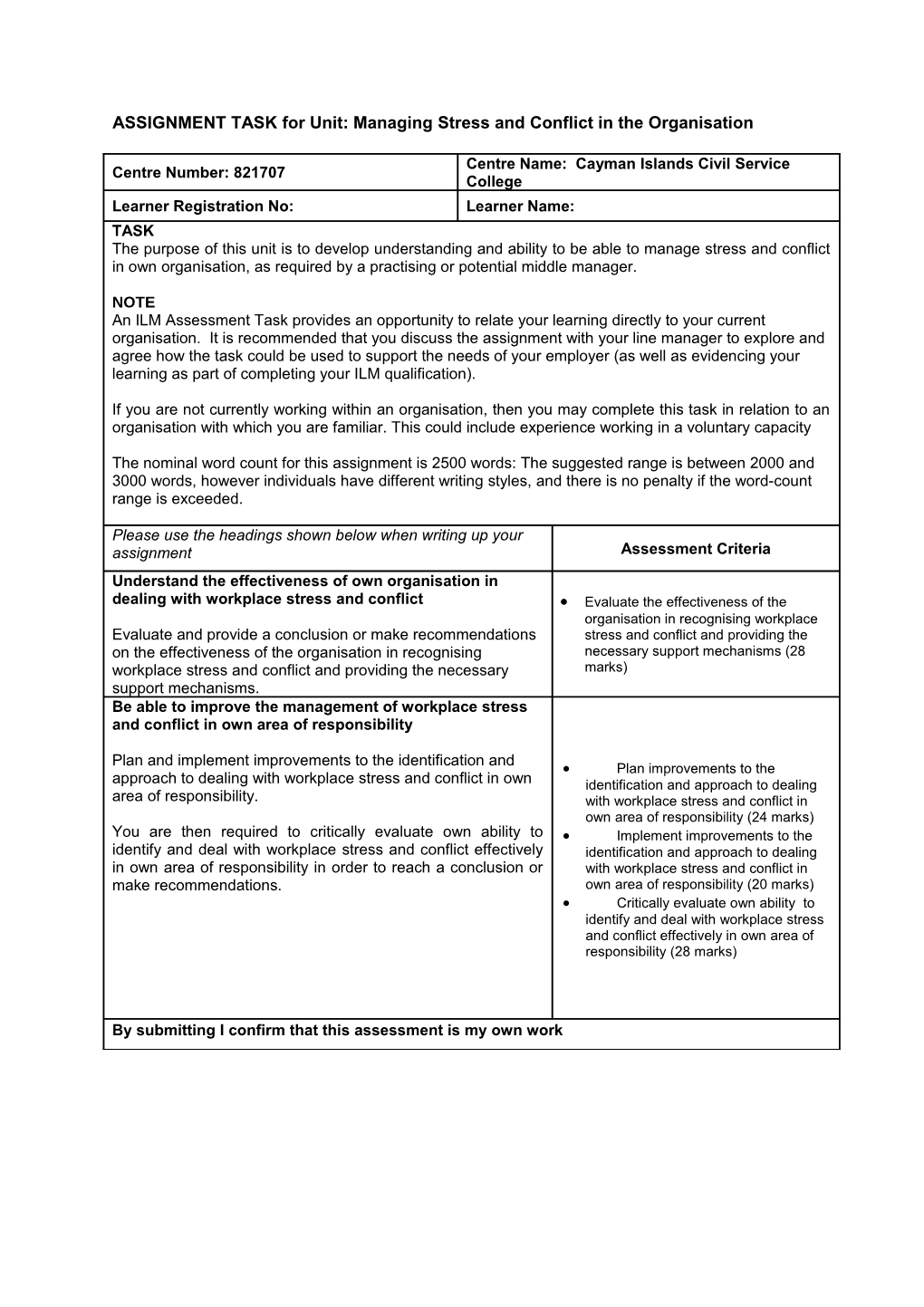 ASSIGNMENT TASK for Unit: Managing Stress and Conflict in the Organisation